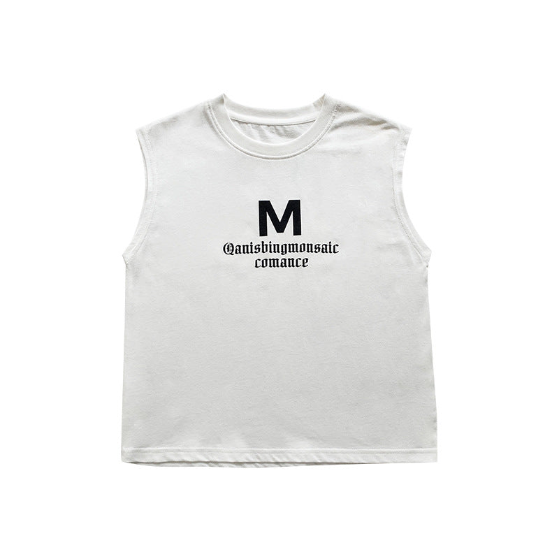 New 2024 Summer boys' T-shirt front and rear letter printed vest European and American street fashion handsome top