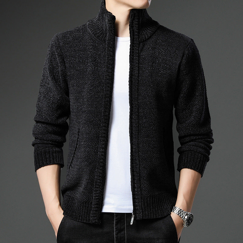 Men&#39;s solid color cardigan spring and autumn thick trendy chenille sweater