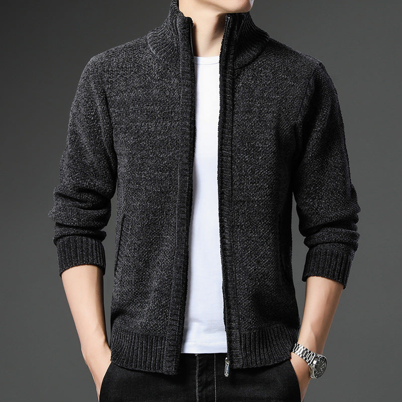 Men&#39;s solid color cardigan spring and autumn thick trendy chenille sweater