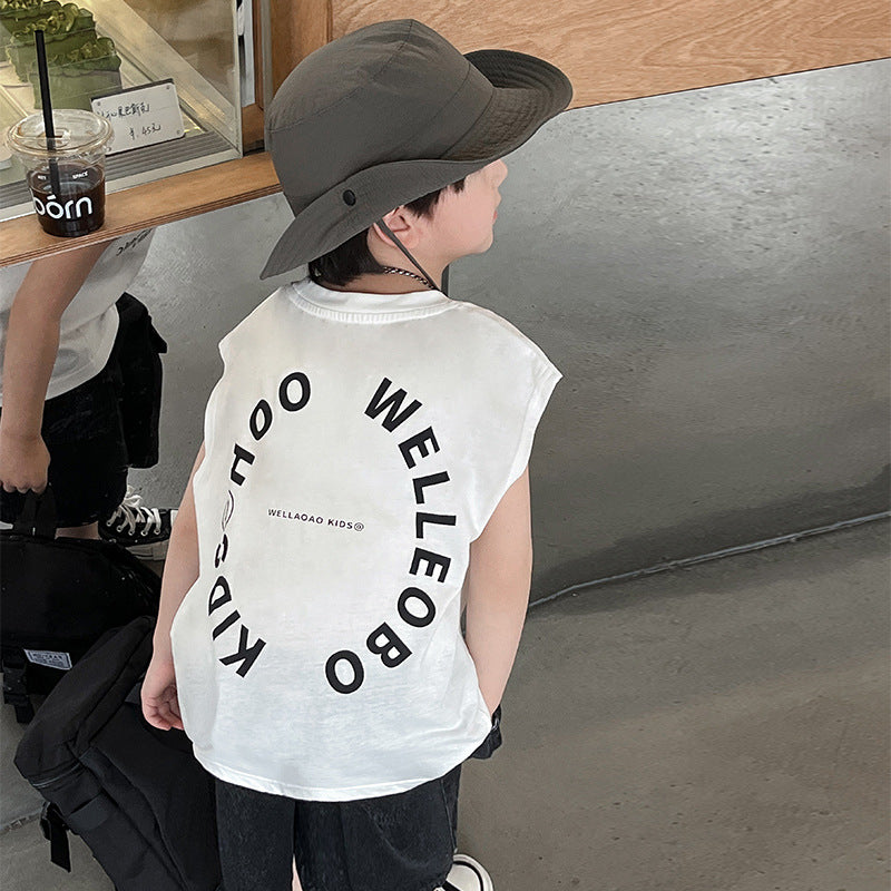 New 2024 Summer boys' T-shirt front and rear letter printed vest European and American street fashion handsome top