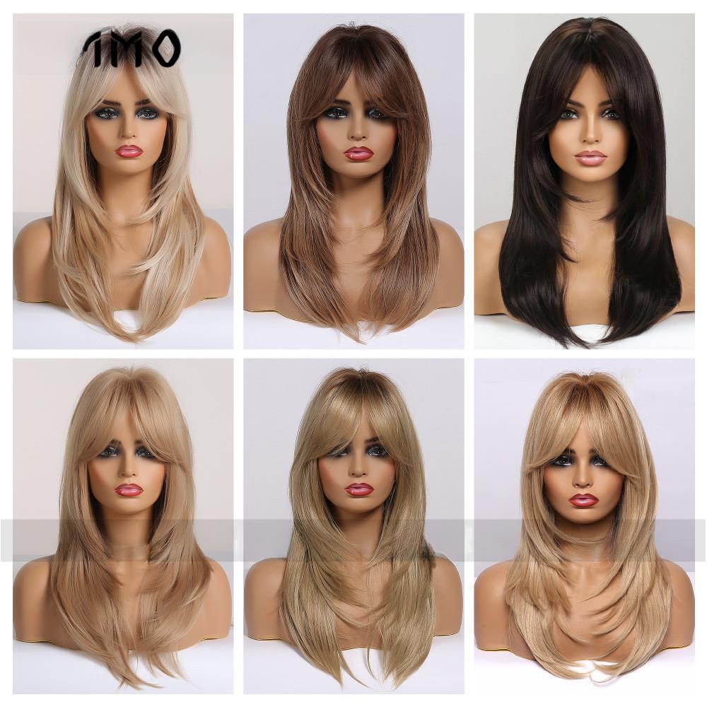 2024 variety of multi-color optional full head cover gradient gold black brown hot selling medium long straight hair hair curly wig
