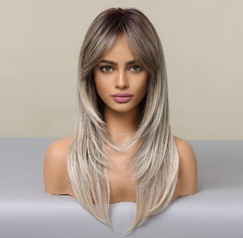 Light brown gradient wig full head wig bangs long straight hair