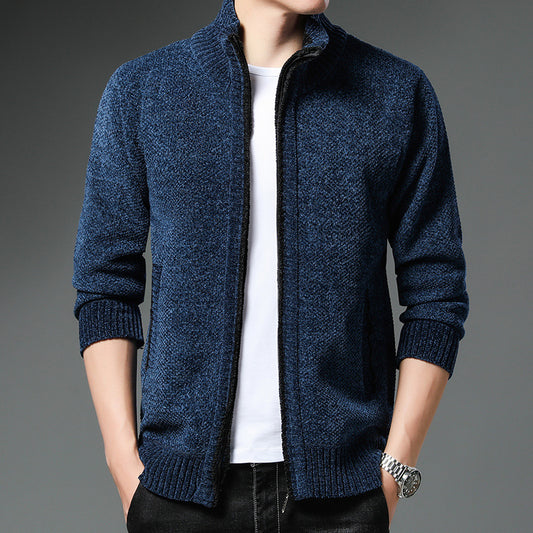 Men&#39;s solid color cardigan spring and autumn thick trendy chenille sweater