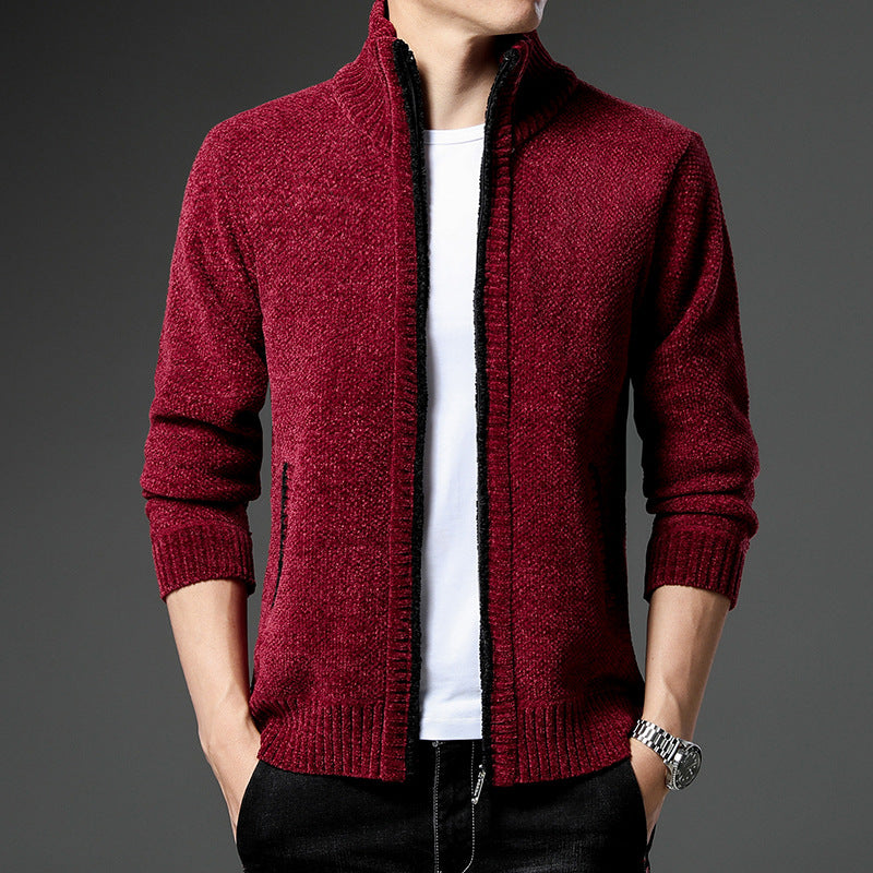 Men&#39;s solid color cardigan spring and autumn thick trendy chenille sweater