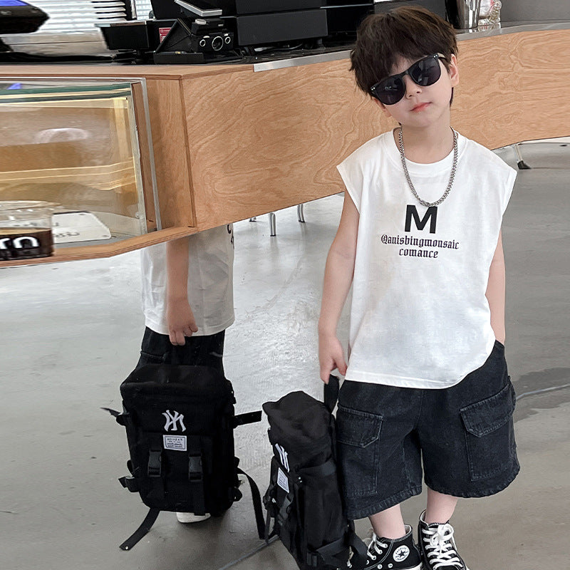 New 2024 Summer boys' T-shirt front and rear letter printed vest European and American street fashion handsome top