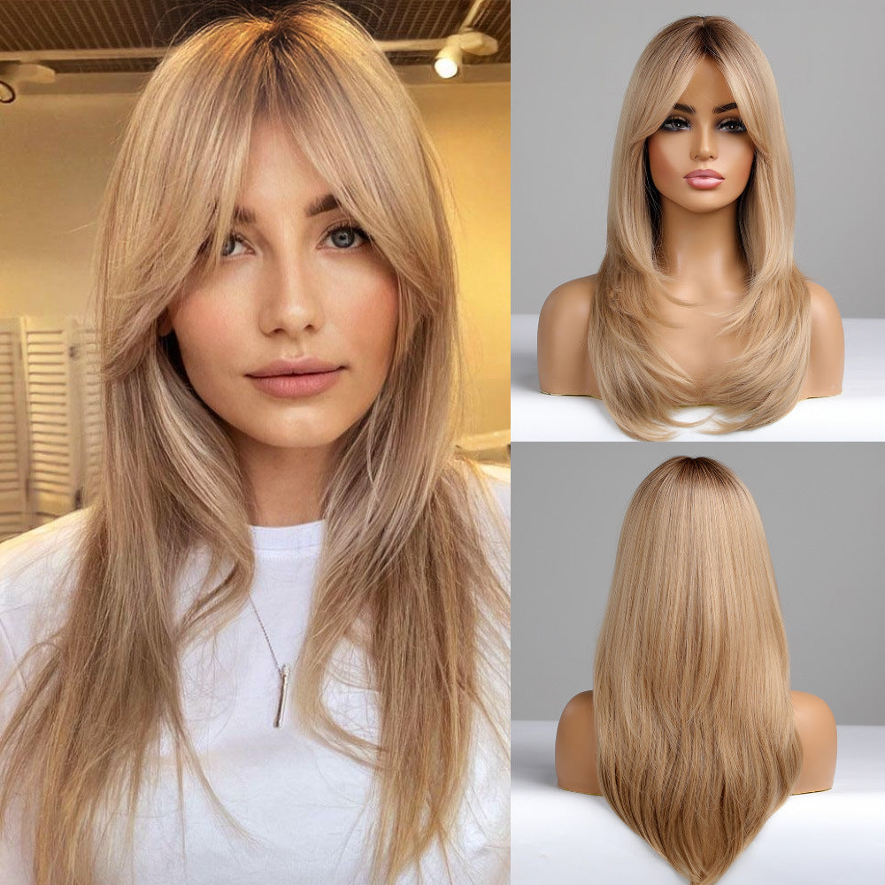 2024 variety of multi-color optional full head cover gradient gold black brown hot selling medium long straight hair hair curly wig